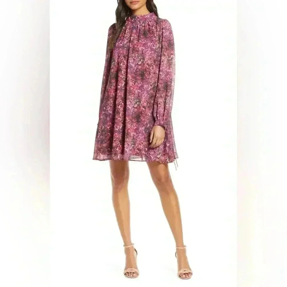 Mark + James Badgley Mischka Long Sleeve Trapeze Dress - Pink Multi Size 14